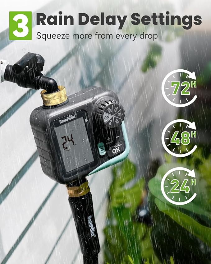 RAINPOINT Sprinkler Timer for Garden Hose - Hose Timer with Cycle & Soak/Rain Delay/Automatic Watering/Manual Watering, Programmable Irrigation System with Large Display for Lawn, Yard, Brass Inlet