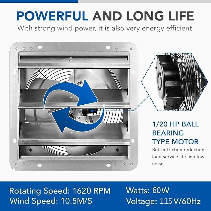 iPower 12 Inch Wall Mounted Shutter Exhaust Fan with Temperature Controller and Power Cord Kit, Aluminum, 1600 RPM, 940 CFM, for Attic, Garage, Louvered Vent, Plant, Greenhouse, Silver