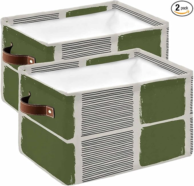 Sage Green Storage Bins Cubes Waterproof Cloth Storage Basket,Modern Painting Farmhouse Striped Abstract Art Foldable Storage Bags for Shelf Clothes Storages Organizers with Handles 15x11x9.5 in 2PCS