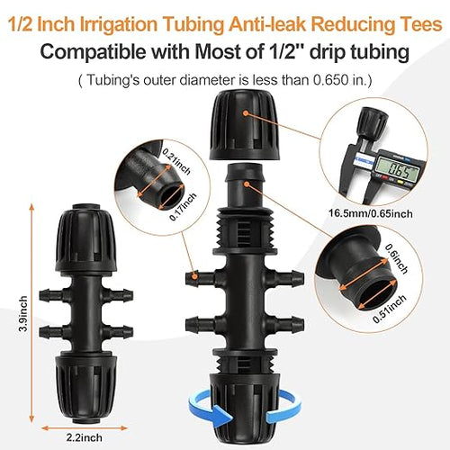 12 Pcs 1/2 inch to 1/4 inch Drip Irrigation Tubing Fittings, 1/2" Drip Tubing (1/2" ID x 0.65" OD) to 4 Way 1/4" Irrigation Tubing Locked Barbed Reducing Tee Connectors for Garden Systems