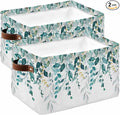 Teal Eucalyptus Storage Bins Cubes Waterproof Cloth Storage Basket, Watercolor Spring Weeping Botanical Foldable Storage Bags for Shelf Clothes Storages Organizers with Handles 15x11x9.5 in 2PCS