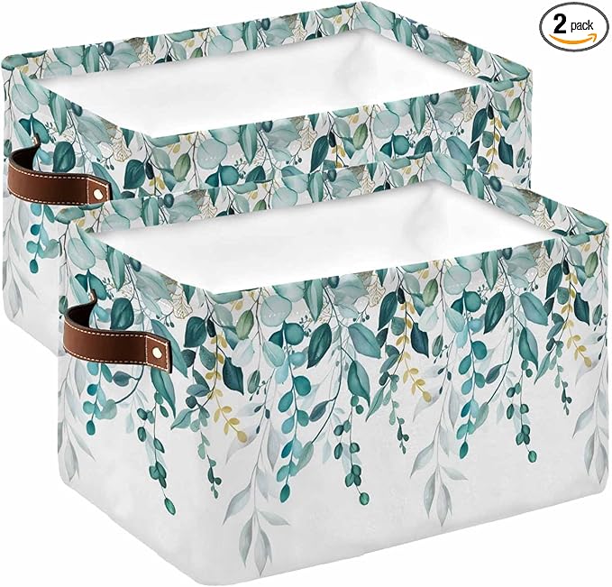 Teal Eucalyptus Storage Bins Cubes Waterproof Cloth Storage Basket, Watercolor Spring Weeping Botanical Foldable Storage Bags for Shelf Clothes Storages Organizers with Handles 15x11x9.5 in 2PCS