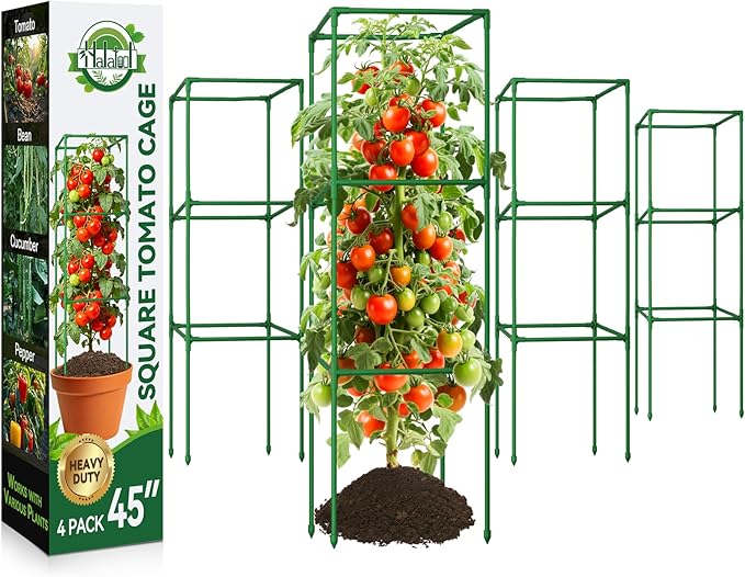 Halatool 4 Pack Square Tomato Cages for Garden, 45 Inch Heavy Duty Adjustable Metal Tomato Trellis for Climbing Plants – Green Plant Support Stakes for Vegetables Flowers Fruits&Raised Bed Outdoor
