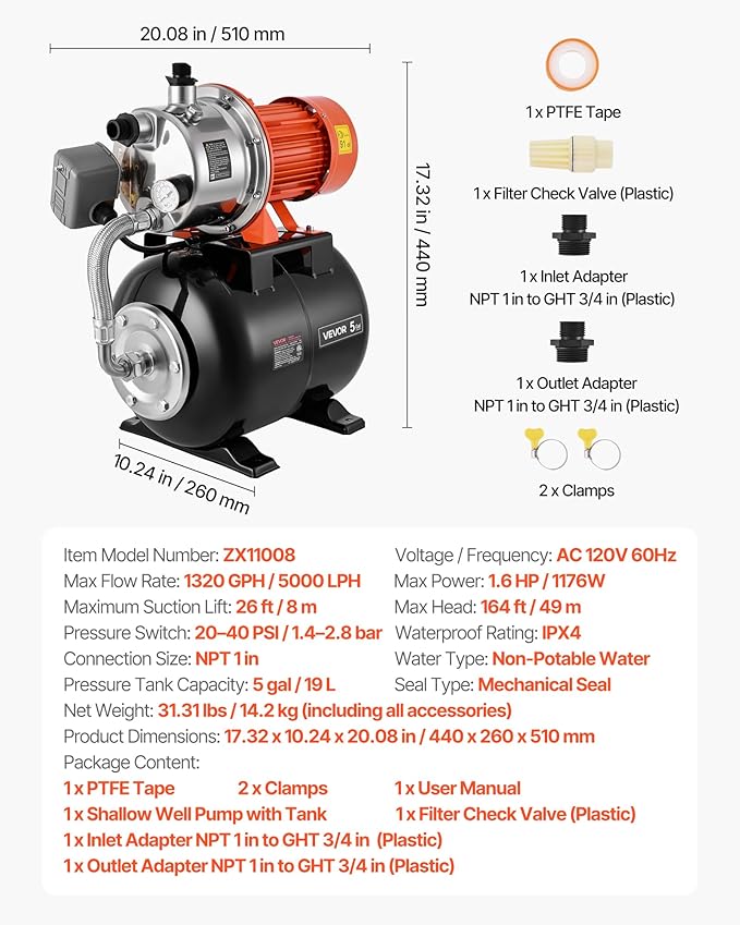 VEVOR 1.6 HP Shallow Well Pump with Pressure Tank, 120V 1320 GPH, Stainless Steel Irrigation Jet Pump with 5-Gal Tank, Automatic Water Booster System, 20/40 PSI Pressure Switch, for Home Garden Lawn