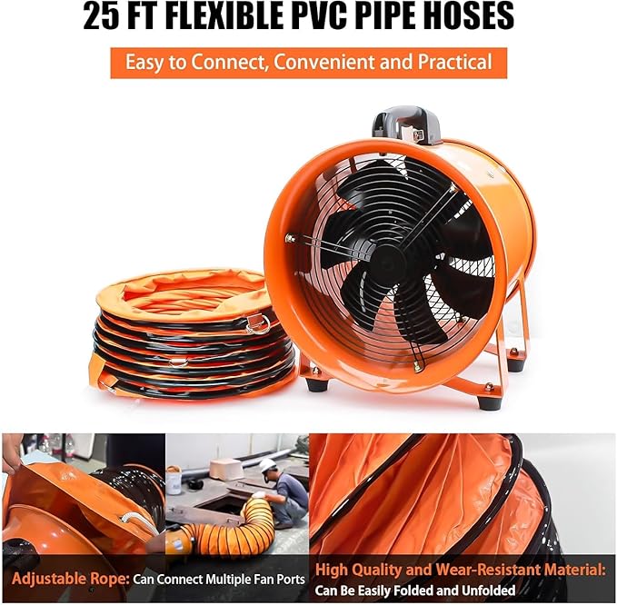 dreamdragon 8" High-Velocity Portable Utility Blower Fan, Industrial Exhaust Fan with 25ft Flexible Duct Hose, 3150 RPM Low-Noise Ventilator for Basements, Workshops, Warehouses, and Confined Spaces