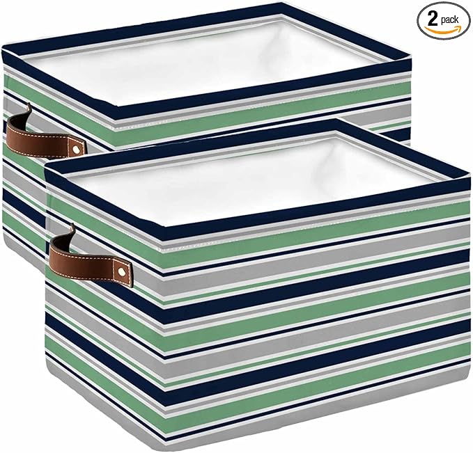 Green Grey Striped Storage Bins Cubes Waterproof Cloth Storage Basket,Farmhouse Stripes Modern Abstract Art Foldable Storage Bags for Shelf Clothes Storages Organizers with Handles 15x11x9.5 in 2PCS