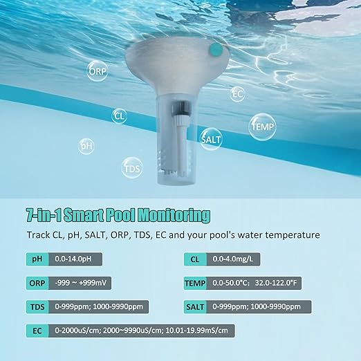 Digital Pool Water Tester, 7-in-1 Smart Floating Meter, WiFi Enabled, Tests pH, Chlorine, Salinity, ORP, EC, TDS, Temperature