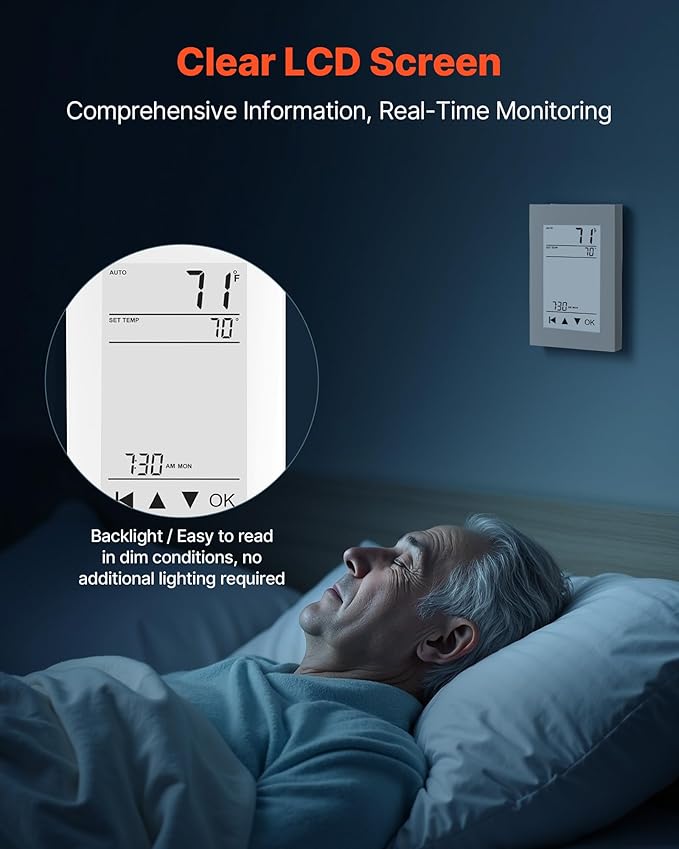 VEVOR 7-Day Programmable Thermostat Gray-White (Without WiFi) - for Radiant Underfloor Heating Cable & Heat Pump, GFCI & Sensitive Sensor, LCD Touchscreen, Energy-Efficient
