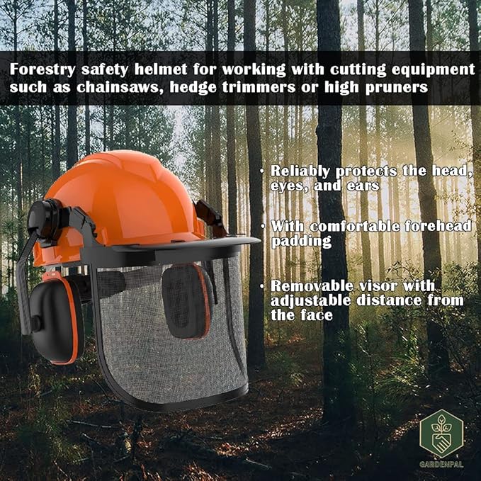 GardenPal Industrial Forestry Safety Helmet and Hearing Protection System, with Mesh Face Protection, Safety Helmet with Ear Muffs, Chainsaw Helmet, Chainsaw Face Shield, (Orange)