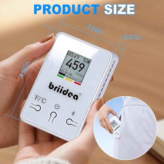 Bluetooth Portable CO2 Detector, Briidea Wireless Indoor Air Quality Monitor with NDIR Sensor for Home Office School, CO2 Temp Humidity Monitoring, App Data History, E-Ink Screen, 4-Year Battery Life