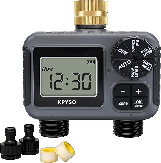 Kryso 2-Zone Sprinkler Timer with Brass Inlet & Outlet – Programmable Garden Hose Water Timer with Rain Delay, Manual & Automatic Irrigation Controller for Yard, Lawn & Outdoor Watering