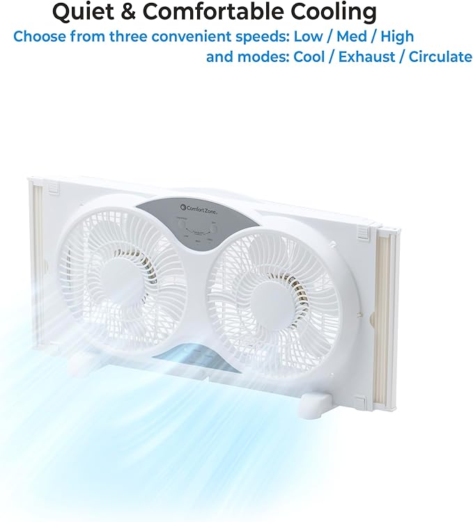 Comfort Zone Window Fan for Bedroom, 9 inch 3 Speed Dual Fans with Auto-Locking Expanders, 3 Modes (Cool, Circulate, Exhaust), Remote Control, Fabric Cover plus Bug Screen, White
