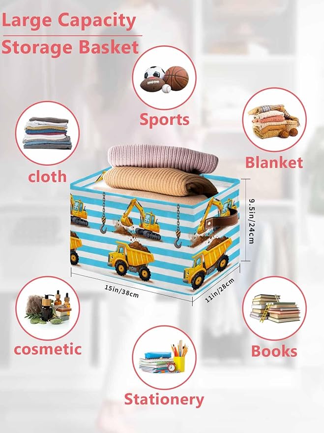 Yellow Truck Storage Bins Cubes Waterproof Cloth Storage Basket, Cartoon Blue Striped Farmhouse Modern Art Foldable Storage Bags for Shelf Closet Clothes Organizers with Handles 15x11x9.5 in 2PCS