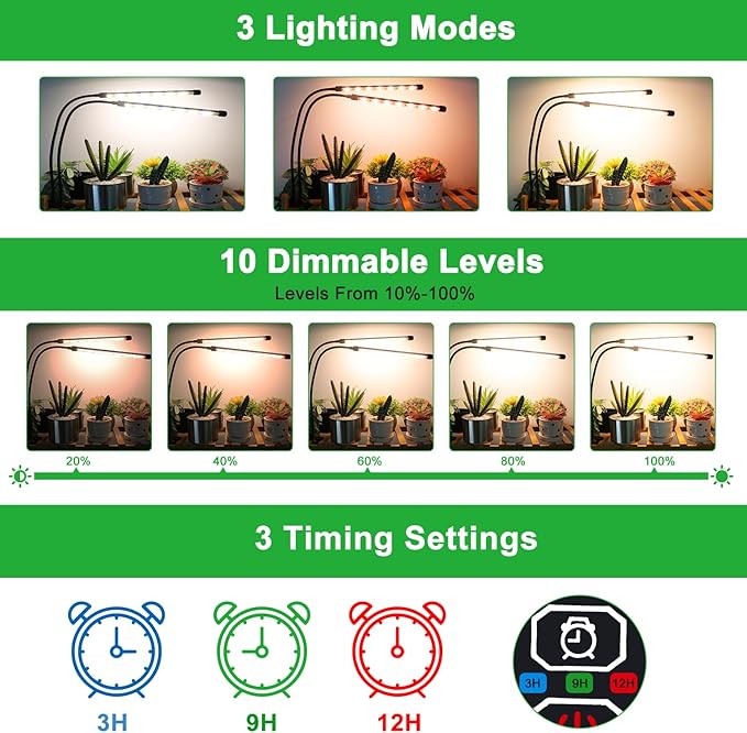 SDOVUERC Grow Lights for Indoor Plants, 4 Heads Full Spectrum LED Plant Lamps with Clips and 10 Feet Cables for Seeding Growing(2 Pack)