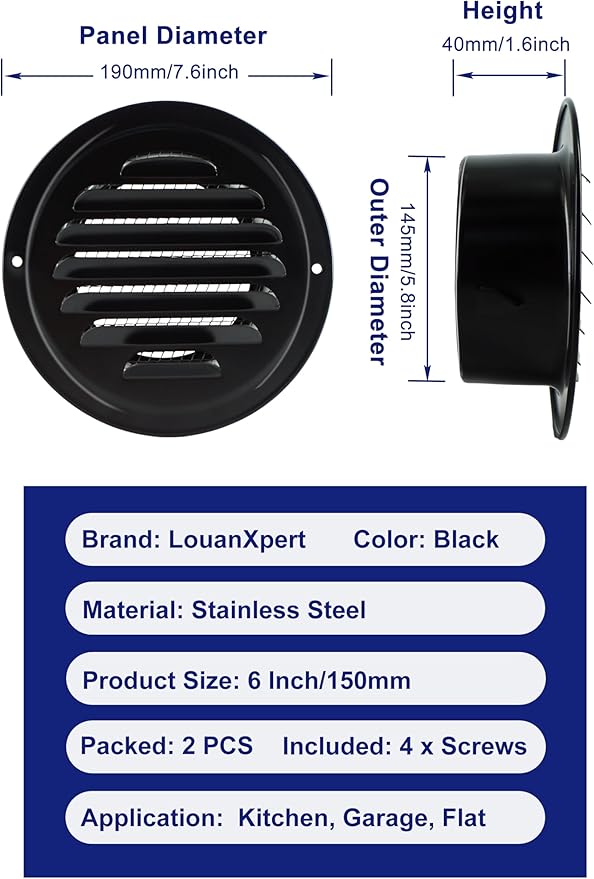 6 Inch Stainless Steel Round Air Vent Covers,LouanXpert Black Soffit Vent Covers Louvered Grille Wall Vent with Built-in Fine Mesh for Garage,House, Flat, Garage (150mm - 2PCS)