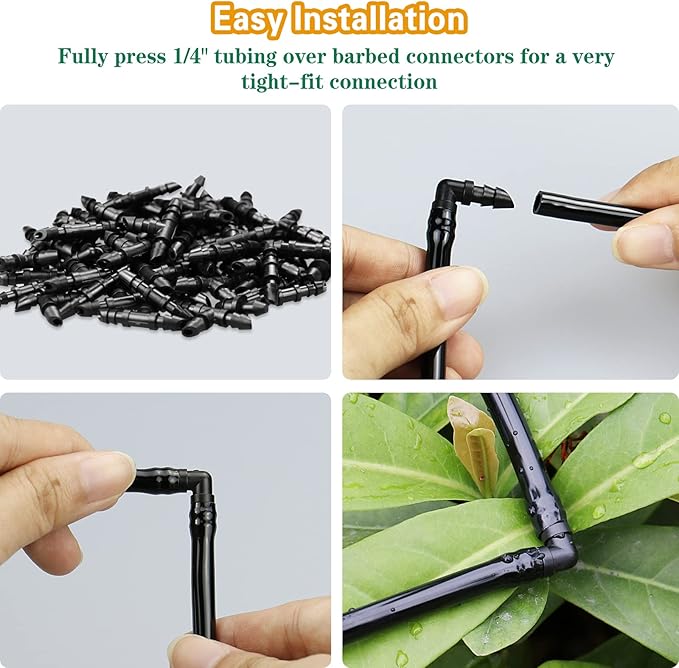Gardrip 1/4 Inch Drip Irrigation Fittings Kit：140 Pieces Drip Irrigation Parts with Sharp End for 1/4" Irrigation Tubing Barbed Connectors for Home Garden 65 Couplings 50 Tees 10 Elbows 15 Goof Plugs