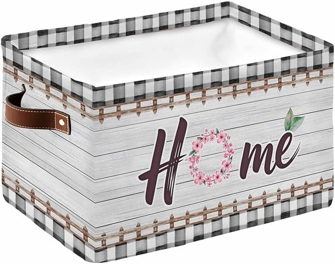 Spring Flowers Storage Bins Cubes Waterproof Cloth Storage Basket,Farmhouse Watercolor Black Plaid Wood Grain Foldable Storage Bags for Shelf Clothes Storages Organizers with Handles 15x11x9.5 in 1PCS