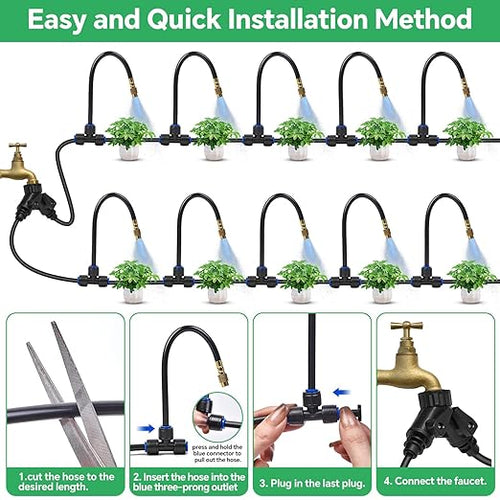 120Ft 1/4" Drip Irrigation System for Garden – 26 Adjustable Copper Nozzles, Automatic Atomizing Sprinkler System for Outdoor Plants Raised Bed, Yard, Potted Plants & Lawn