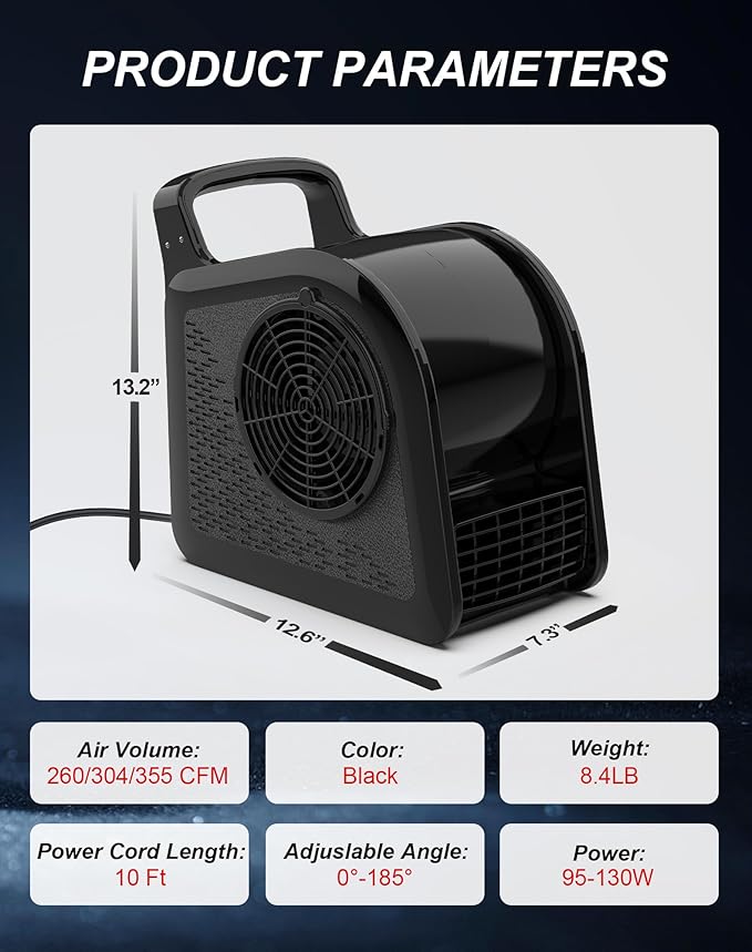 Utility Fan, 355CFM High Velocity Air Mover Floor Fan with 3 Speeds and 185° Rotation, Carpet Dryer with Removable Filter for Drying, Cooling, Ventilation for Job Site, Home Use, 12", Black