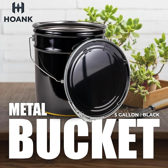 5.5 Gallon Metal Storage Bucket with Lever Lock Lid, Black Heavy Duty Container, Triple Seam Technology, Durable Design for Tools, Plants, Paint, Food Storage