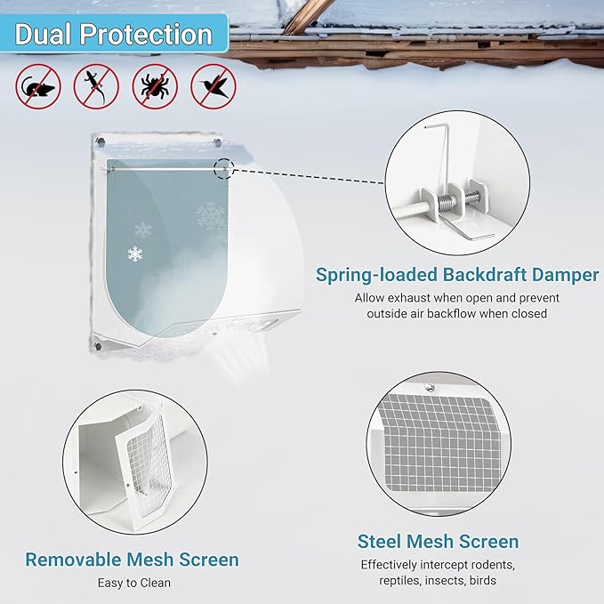 Neoaider 4 Inch Dryer Vent with Screen and Damper, 14GA/2MM Thick Heavy-Duty Steel Dryer Vent Cover, Dryer Vent Cover Outside for Dryer Ventilation and Outdoor Air Exhaust, White