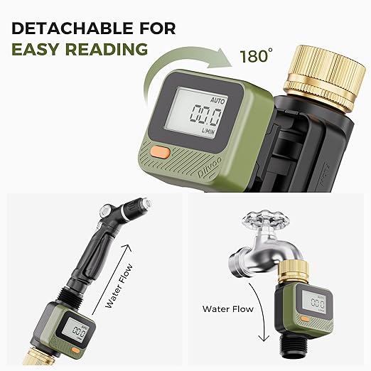 Diivoo Water Flow Meter with 180° Removable Panel, 4 Measure Modes, ±5% High Accuracy and IP54, Measure Gallon/Liter Consumption and Flow Rate for Outdoor Garden Hose Watering, RV Water Tank Filling