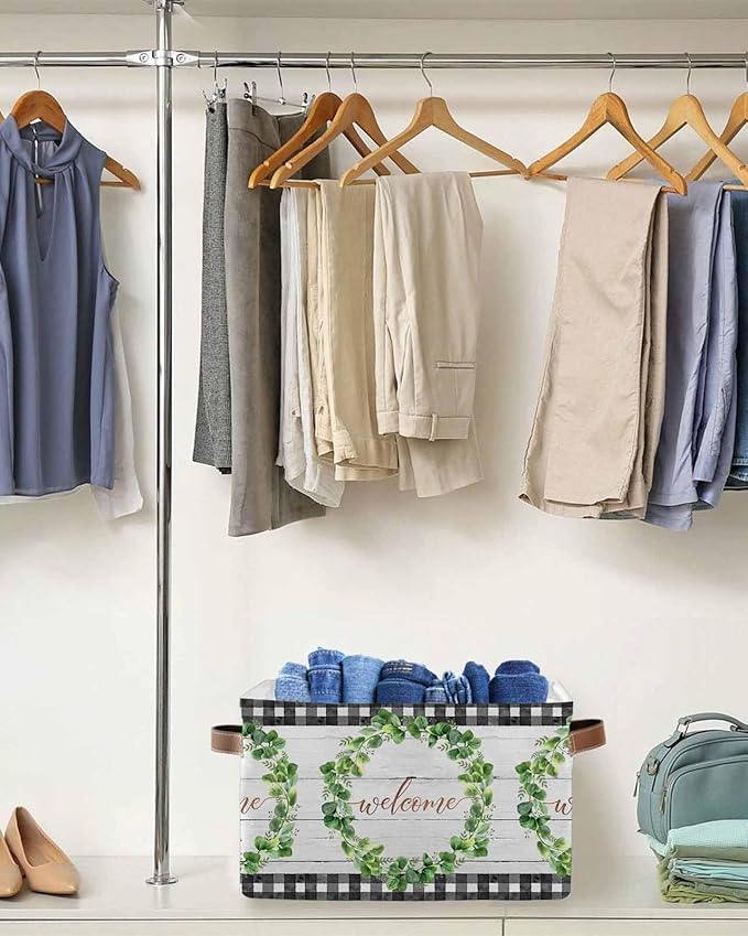 Spring Eucalyptus Leaves Storage Bins Cubes Waterproof Cloth Storage Basket,Farmhouse Botanical Gray Wood Foldable Storage Bags for Shelf Clothes Storages Organizers with Handles 15x11x9.5 in 1PCS