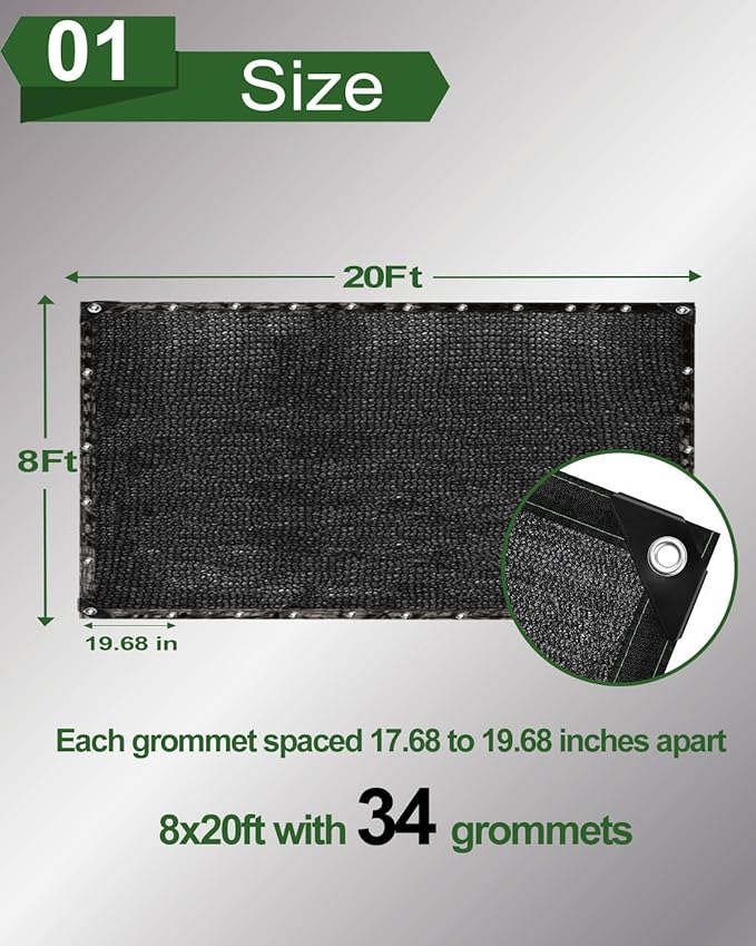 vensovo 70% Sunblock Shade Cloth Net Black Resistant - 8x20 Ft Garden Shade Mesh for Plant Cover, Greenhouse, Chicken Coop, Kennels, Tomatoes Plants