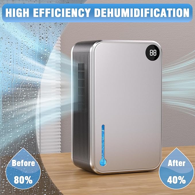 Dehumidifier, 95OZ Dehumidifiers for Home 1000 Sq.Ft, Quiet with Auto Shut Off, Humidity Display Dehumidifier for Bedroom/Bathroom, Timer, Drain Hose, 7-color LED light, Moisture Absorbers (Grey)