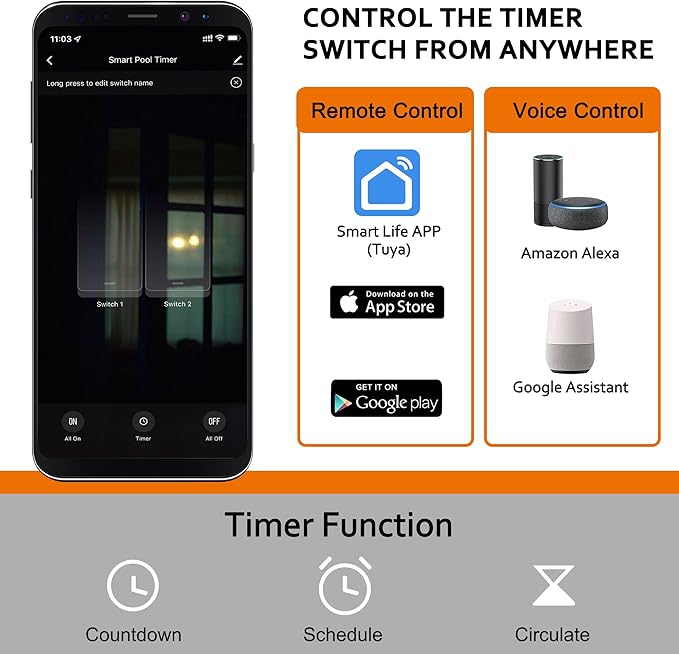 Suraielec Dual WiFi Pool Timer, 120/277V Individual Switches, 40 AMP, 1HP/2HP Heavy Duty Smart Timer, Independently Control Two 120/277V Devices, Indoor/Outdoor for Pool Pump, Water Heater, Spa