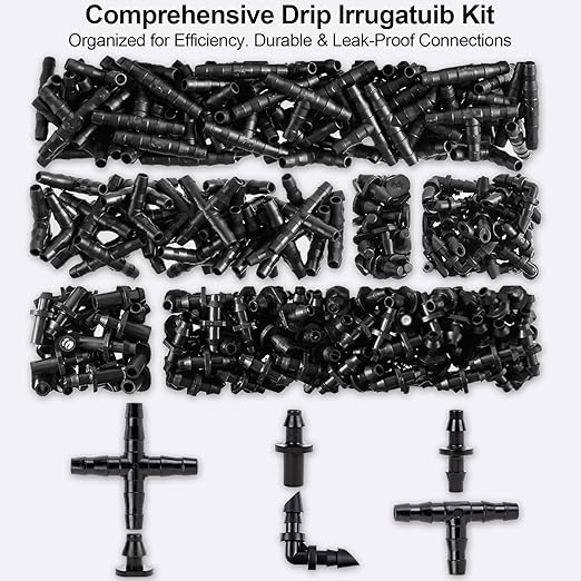 RAINFLOW Drip Irrigation Fittings Kit 1/4 Inch – Barbed Connectors, Tees, Elbows, End Plugs and Couplings, Tool-Free Drip Irrigation Parts for Garden, Greenhouse and Lawn Watering Systems