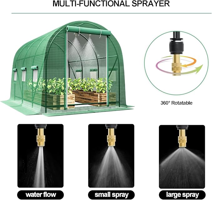 Greenhouse with Watering System, Outdoor Greenhouse with 6 Mesh Windows and 1 Door, Greenhouses with Drip Irrigation System for Plants, Seedlings, Flowers and Garden Raised Beds (10x10x7 FT)