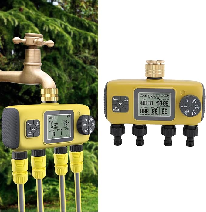 RiToEasysports Irrigation Timer, Intelligent Control, 4 Zone Watering Timer, Rain Delay, 3/4in Brass Inlet for Yard Lawn 40.1°F to 113°F