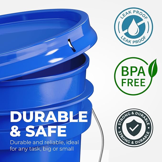 EconoHome 5-Gallon Blue Bucket Pail Container with Lid | Metal Handles with Plastic Grip for Easy Carrying | Easy Stack and Store | Heavy-Duty Extra Durable | Food Grade | BPA Free - 5 Pack