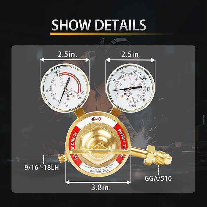 CDL LX95 Extra Heavy Duty Acetylene Regulator CGA510,Forged Brass,Large Tank Gauge Cutting Torch Regulator,0-400PSI Inlet,0-30PSI Outlet