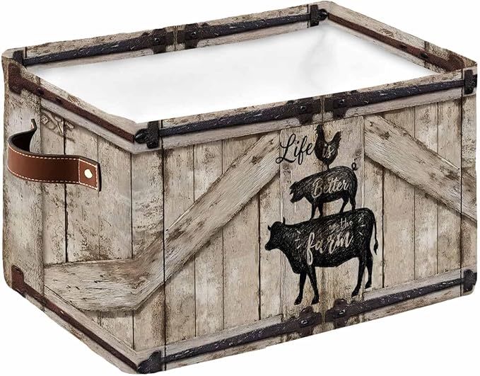 Farmhouse Animals Storage Bins Cubes Waterproof Cloth Storage Basket, Rooster Pig Cattle Brown Wooden Plank Foldable Storage Bags for Shelf Closet Clothes Organizers with Handles 15x11x9.5 in 1PCS