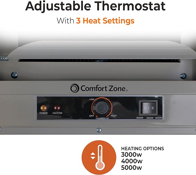 Comfort Zone 5000W Ceiling Mounted Garage Heater – 240V Electric Shop Heater with 3 Heat Settings, Overheat Protection, Indoor Use, ETL Listed, Grey