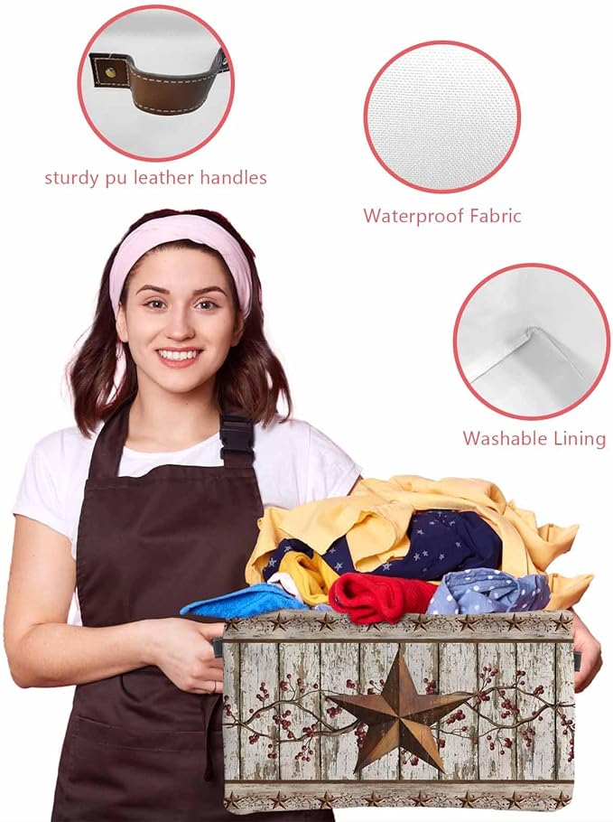 Texas Star Grey Wooden Storage Bins Cubes Waterproof Cloth Storage Basket, Farmhouse Berry Countryside Foldable Storage Bags for Shelf Closet Clothes Storages Organizers with Handles 15x11x9.5 in 1PCS