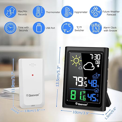 Geevon Indoor Outdoor Thermometer Wireless Weather Station with Color Display, Digital Hygrometer Temperature Humidity Monitor with Alarm Clock and Backlight