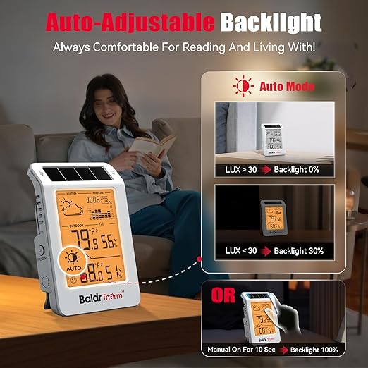 BaldrTherm Wireless Weather Station, Dual-Zone Indoor & Outdoor/Childroom Temp Humidity Monitor, Auto Smart Backlight,Temp/Humidity/Barometric Trend Visualization, White&Orange