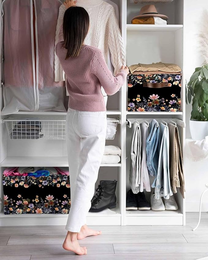 Black Spring Floral Storage Bins Cubes Waterproof Cloth Storage Basket,Elegant Flowers Farmhouse Botanical Foldable Storage Bags for Shelf Clothes Storages Organizers with Handles 15x11x9.5 in 2PCS