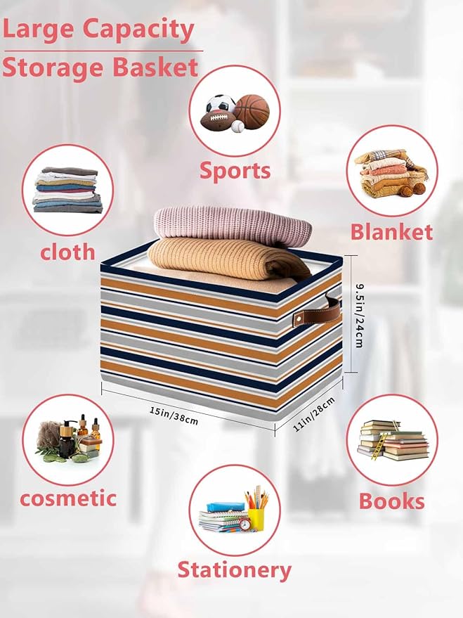 Orange Grey Striped Storage Bins Cubes Waterproof Cloth Storage Basket,Farmhouse Stripes Modern Abstract Art Foldable Storage Bags for Shelf Clothes Storages Organizers with Handles 15x11x9.5 in 1PCS