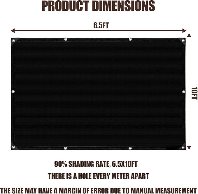 90% Sun Shade Cloth for Garden, 6.5 * 10FT Heavy Duty Shade Tarp with Grommets & Reinforced Edges - UV Resistant Sunblock Net for Patio, Backyard, Greenhouse, Kennel, Pergola, Black