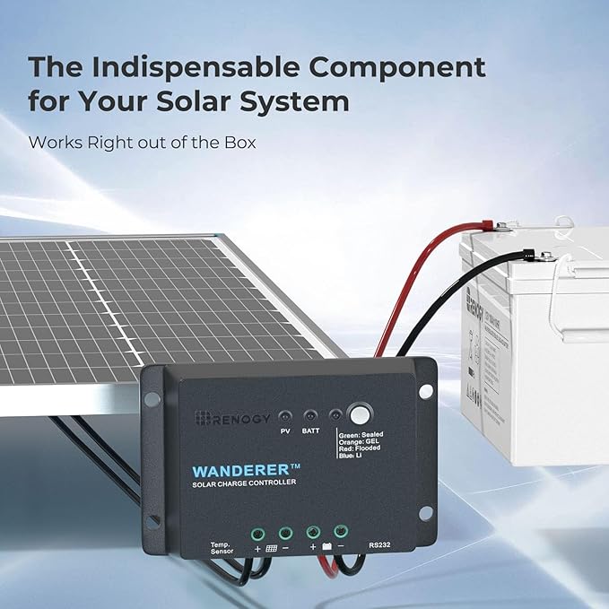 Renogy 12V 30A PWM Solar Charge Controller – Wanderer Li Charge Controllers for Solar Panels 4-Stage Charging for Lithium/Gel/Flooded Batteries, Overload/Short Circuit/Reverse Polarity Protection