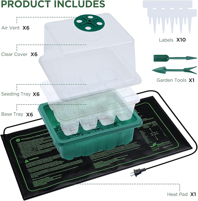 7-Pack Seed Starter Tray with Heat Mat (12 Cells per Tray), Plant Germination Trays with Adjustable Humidity Dome Seed Trays Seedling Starter with Base Trays for Germination