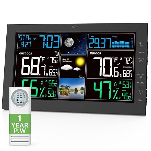 Weather Stations Wireless Indoor Outdoor, Indoor Outdoor Thermometer Wireless with Digital Atomic Clock, Large Display, Barometric Pressure, Forecast, Adjustable Backlight, Contemporary