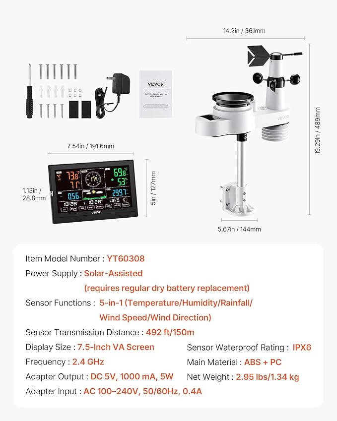 VEVOR 5-in-1 Wi-Fi Weather Station, 7.5-Inch VA Display, Wireless Solar Powered Outdoor Sensor, Rain Gauge, Indoor Outdoor for Weather Forecast, Wind Speed Direction, Temperature, Humidity, Rainfall