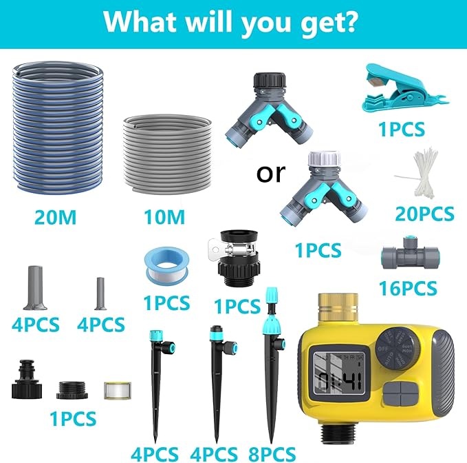 Automatic Drip Irrigation Kit with Water Timer, 100ft Garden Watering System with Y-Diverter, Fast-Plug Misting & Drip Irrigation System for Patio, Lawn, Flower Bed, Greenhouse & Yard Care