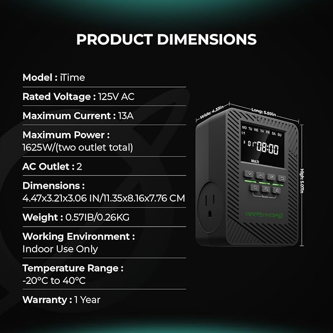 2025 MARS Hydro ITime 2-in-1 Smart Timer Outlet Dual Outlet App Control Custom Programmable 12 On/Off for Home Office and Plant Growth Use