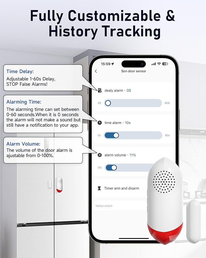 PILSAMAS Smart WiFi Freezer Refrigerator Door Alarm with APP Alerts, No Subscription Fee, 0-60s Delay, Scheduled Arm/Disarm, 0-120dB Adjustable Siren with Light for Fridge/Home/Commercial